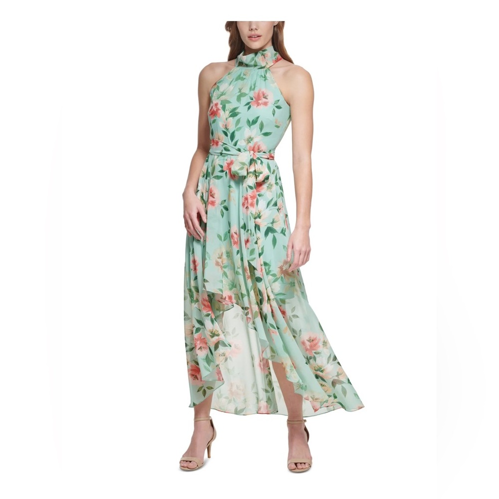 Anthro | Eliza J Mint Green Floral Chiffon High-Low Flowy Dress Size 12